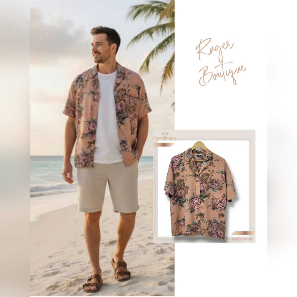 🌿HAI Mens XL Coordinates Floral Vintage-Inspired Silk Shirt🌺
